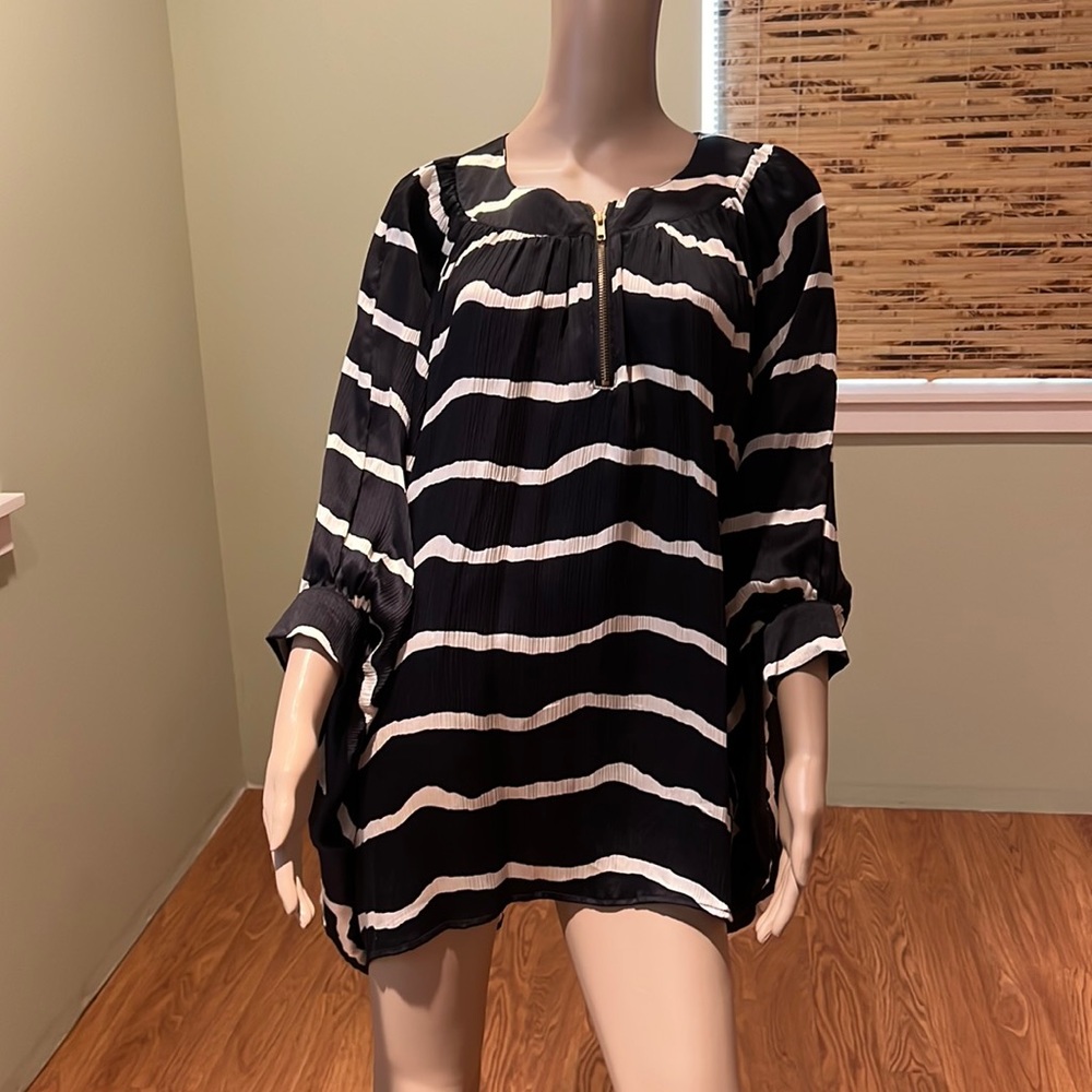 Claudia High-low Silk Black With White Stripes Blouse/Dress Size S